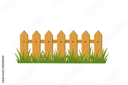 Wooden picket fence section with green grass isolated on white background
