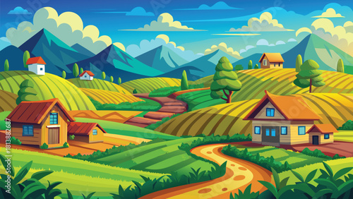 Deep Asian village glowing under a warm amber sunset, massive tree casting soft, stretched shadows across the ground vector illustration ai generated art