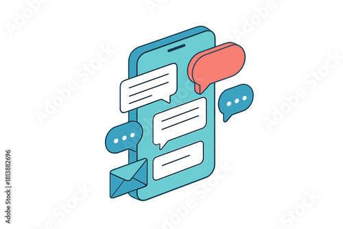 Isometric mobile phone displaying instant messaging conversation bubbles and email notification