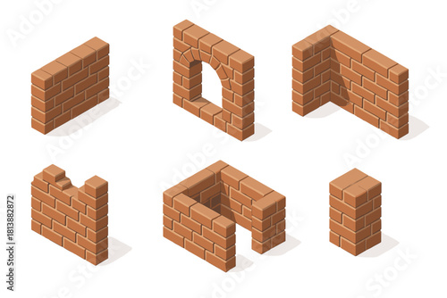 Various isometric brown brick wall elements, including straight sections, corners, and archway structures