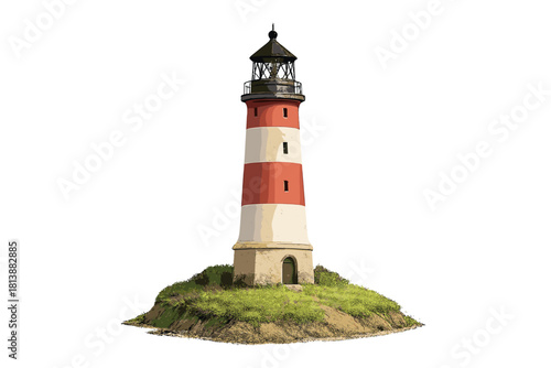 Classic red and white striped lighthouse standing on a small grassy island