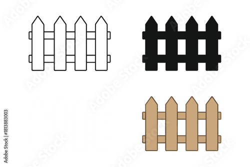 Set of four different styles of wooden picket fence icons for garden and property boundary