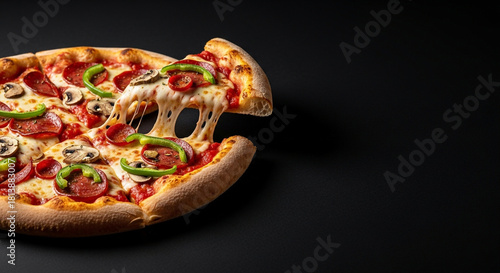 Craving a slice of deliciousness? Get your pizza fix with this tempting pepperoni, mushroom, and green pepper pizza with a gooey cheese pull