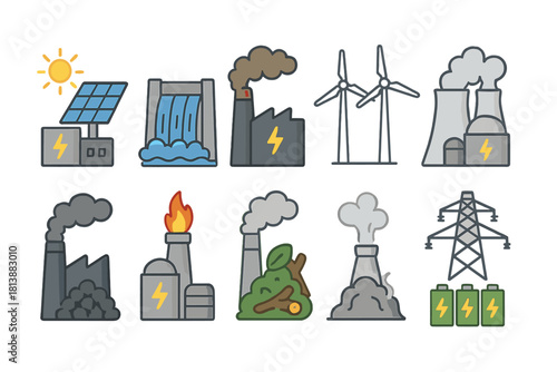 Set of power generation symbols: solar, wind, hydro, nuclear, fossil fuels, and pollution