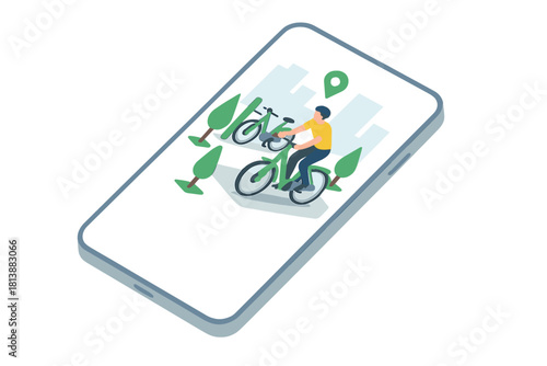 Smartphone displaying bike rental service map with person cycling in urban park