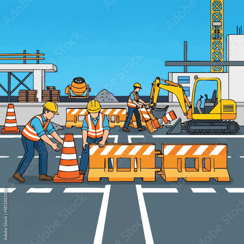 Skilled construction workers diligently prepare a safe road work zone, strategically placing traffic cones and barriers with heavy machinery for efficient urban development.