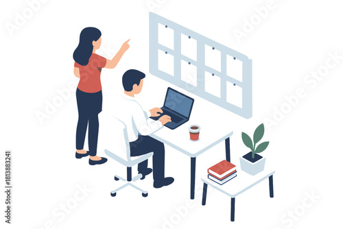 Two business professionals collaborating on tasks in an isometric with laptop and whiteboard