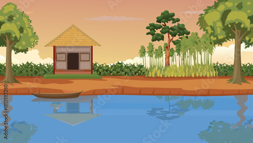 Deep traditional Asian village wrapped in warm sunset colors, huge tree anchoring the entire scene vector illustration ai generated art