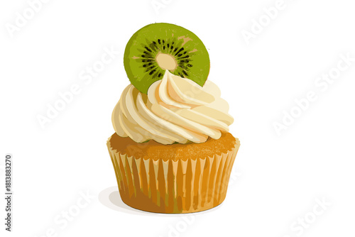 Gourmet vanilla cupcake with rich buttercream frosting and a fresh kiwi slice