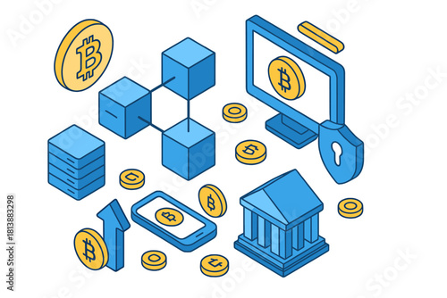 Isometric view of cryptocurrency security, blockchain technology, and digital financial transactions