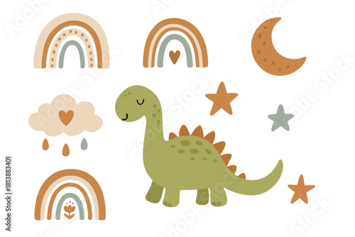 Cute baby dinosaur and boho nursery elements with rainbows moon and stars