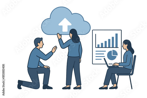 Professional business team collaborating on cloud data management and financial analysis