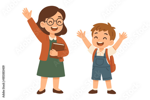 Smiling teacher and student waving hello or goodbye
