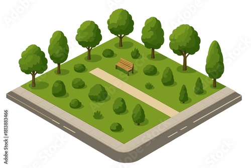 Isometric park landscape with green trees, shrubs, walking path, and wooden bench