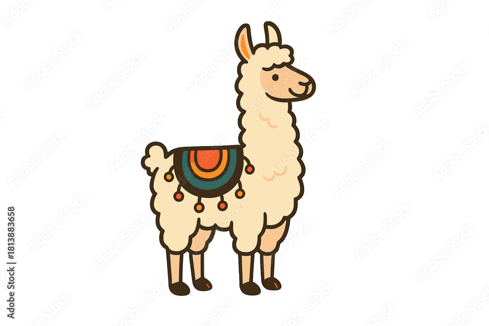 Obraz premium Adorable fluffy llama cartoon wearing a traditional colorful saddle blanket on white background