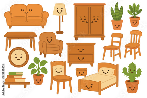 Set of cute smiling furniture and house plants for modern home interior decor design
