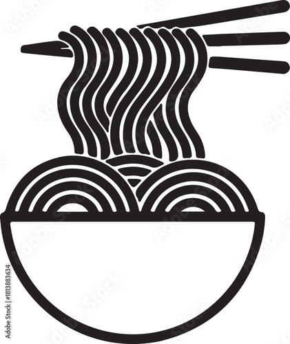 Black and White Icon of Noodles in a Bowl with Chopsticks