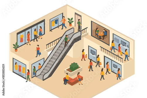 Busy isometric view of a modern shopping mall interior with people walking, shopping, and relaxing