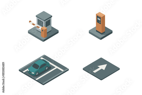 Isometric set of parking lot elements including barrier gate, ticket machine, parked car, and directional arrow sign