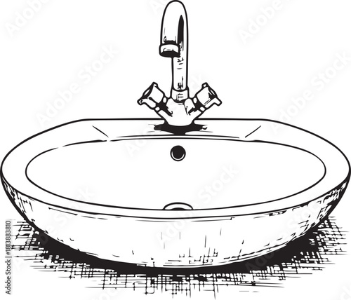 Black and White Illustration of a Bathroom Sink with Faucet and Drain