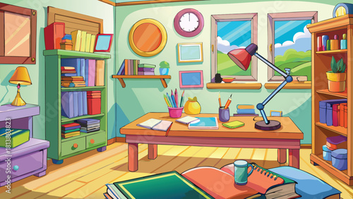 Cartoon apartment study room interior vector illustration ai generated art
