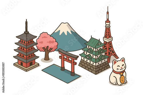 Isometric icons of famous Japanese landmarks including Mount Fuji, pagoda, castle, and lucky cat