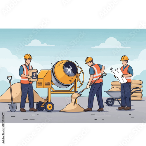 Skilled construction crew members efficiently operate a cement mixer, transport materials, and meticulously examine architectural plans on a bustling job site.