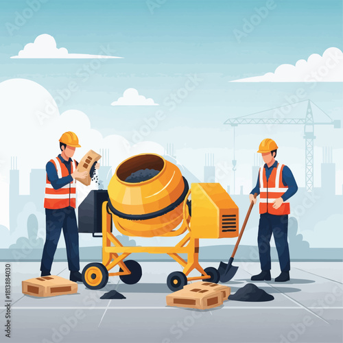 Two construction workers are diligently mixing cement on a building site, utilizing a yellow mixer and shovels to prepare materials for a new project.