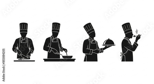 Chef Silhouette Vector Showing Sequential Cooking Actions — Cutting, Stirring, Serving, Tasting

