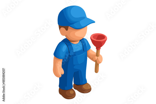 Professional repairman in blue overalls holding a red plunger for plumbing service