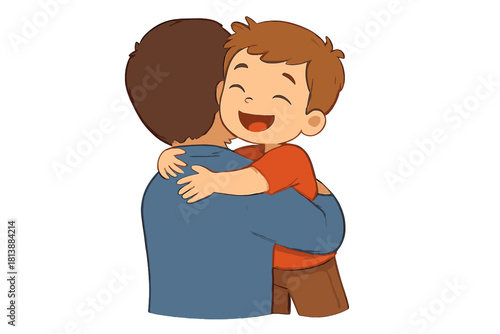 Adorable smiling boy hugging parent or caregiver tightly showing strong emotional bond