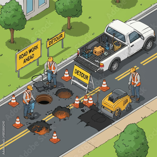 An urban street is undergoing essential road and utility repairs by diligent construction workers, with safety cones and detour signs managing traffic.