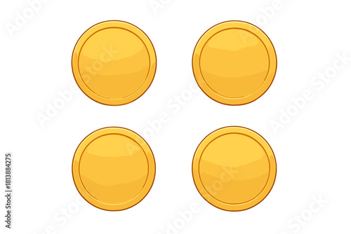 Four shiny blank gold coins or tokens isolated on a clean white background
