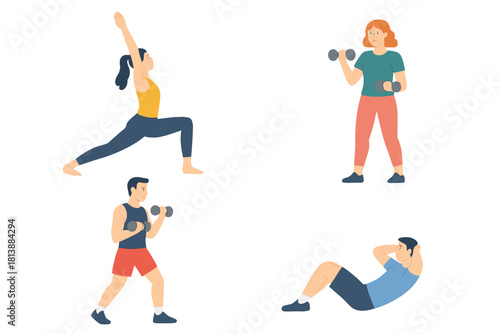 Diverse people performing various fitness exercises including yoga, weightlifting, and abdominal crunches