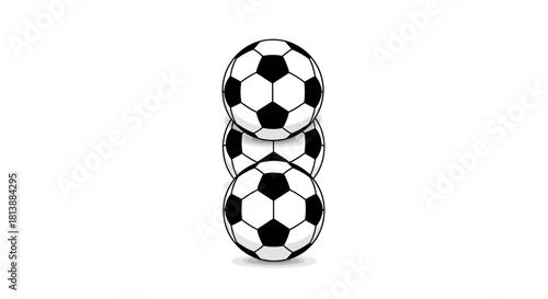 Graphic illustration of three classic black and white soccer balls stacked vertically, perfect for sport, competition, and football themes