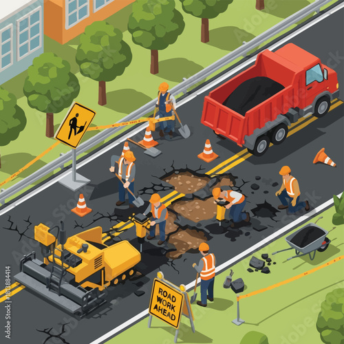 Isometric illustration depicts construction workers repairing a damaged urban road, using machinery and tools to fix cracks and potholes, enhancing infrastructure.