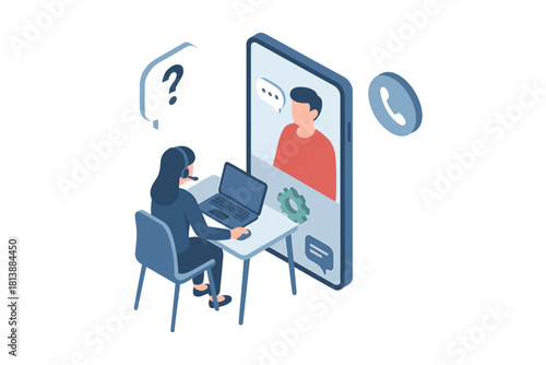 Customer support agent providing online assistance to a client through a video call on a large smartphone screen