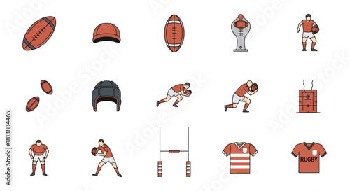 Flat vector icon collection for rugby, featuring game balls, players, protective gear, goalposts, and jerseys, ideal for sports-themed graphic design
