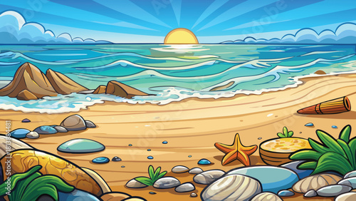 Cartoon seaside with soft waves seashells on sand vector illustration ai generated art