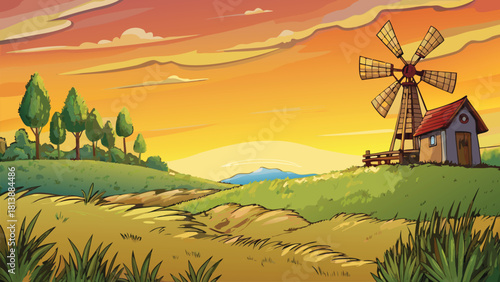 Warm sun dipping behind a deep Asian rice-field village, large tree glowing with rim-light vector illustration ai generated art