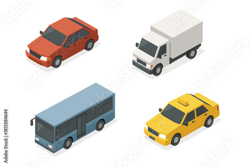 Collection of four different modern city transportation vehicles in isometric perspective