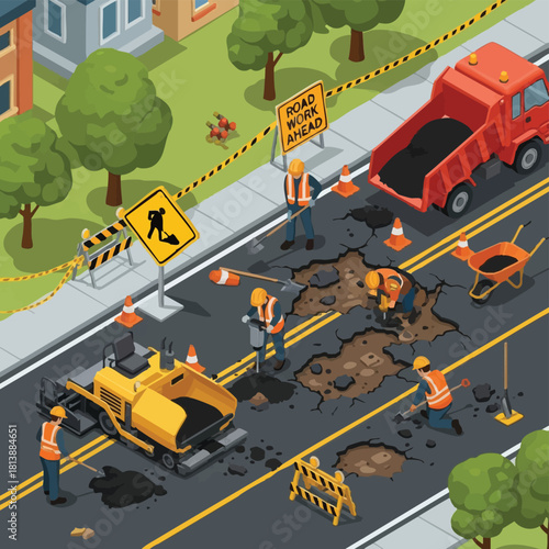 An isometric illustration shows a busy road construction crew diligently repairing potholes and resurfacing a city street with heavy machinery and safety signs.