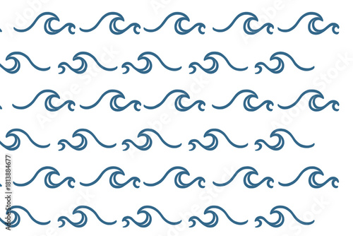 Seamless repeating pattern of simple blue ocean waves on a white background
