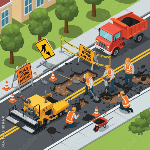 Isometric illustration depicting skilled construction workers diligently repairing a damaged asphalt road, utilizing heavy machinery, safety cones, and warning signs.