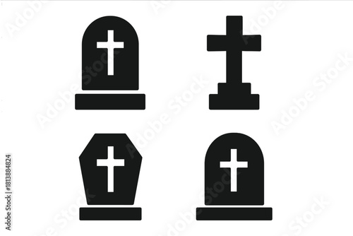 Simple black silhouettes of various gravestones, crosses, coffin shapes, and burial symbols