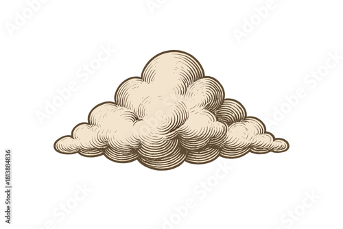 Fluffy cumulus cloud in vintage engraving style isolated on white background
