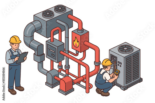 Professional technicians performing maintenance and inspection on a large industrial HVAC and heating system