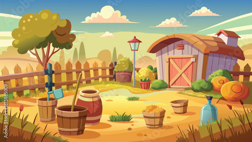 Deep scenic Asian hamlet under a warm sunset, wide-branched tree forming a natural centerpiece vector illustration ai generated art