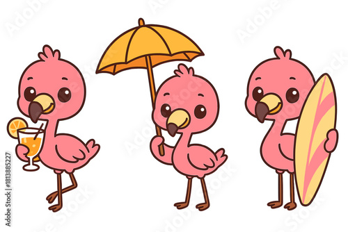 Adorable pink flamingos set for summer fun with a cocktail, beach umbrella, and surfboard