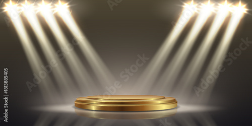 Golden magic podium, lights of light and rays.